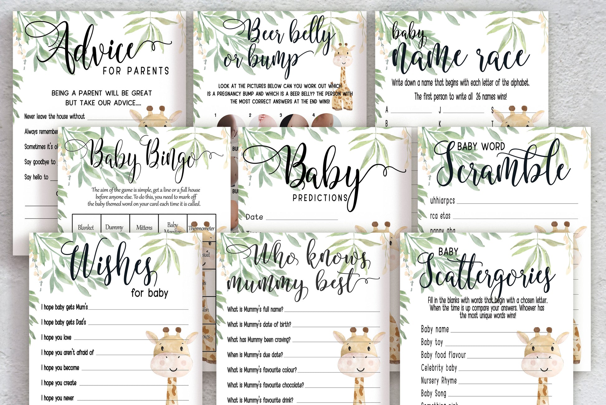 Giraffe Baby Shower Bundle, Prediction and Advice Cards Game, Gender Neutral Baby Shower, Mum To Be, Printed A6