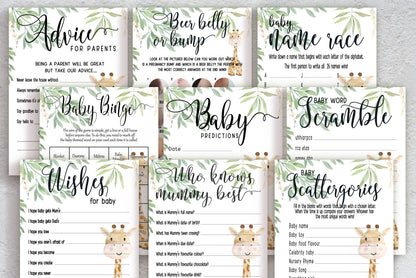 Giraffe Baby Shower Bundle, Prediction and Advice Cards Game, Gender Neutral Baby Shower, Mum To Be, Printed A6