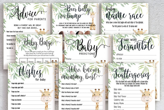 Giraffe Baby Shower Bundle, Prediction and Advice Cards Game, Gender Neutral Baby Shower, Mum To Be, Printed A6