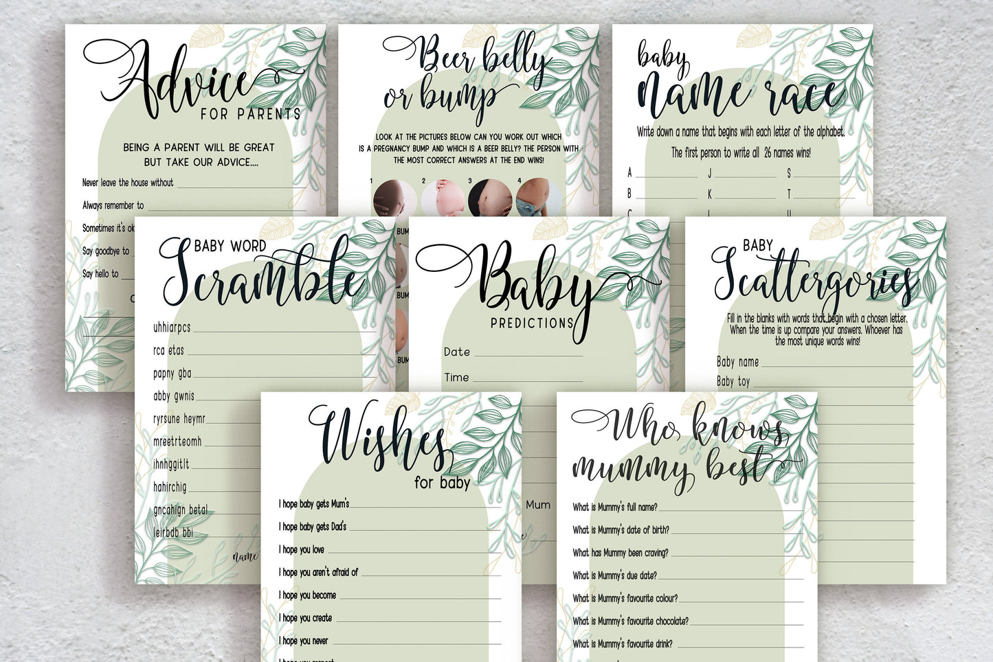 Baby Shower Bingo Game, Sage Green Arch, Boy Baby Shower, Baby Bingo, 50 Cards Printed