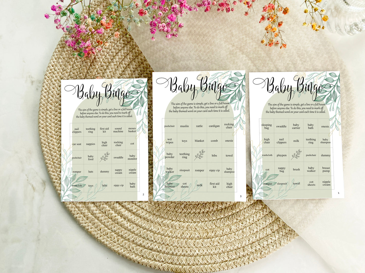 Baby Shower Bingo Game, Sage Green Arch, Boy Baby Shower, Baby Bingo, 50 Cards Printed