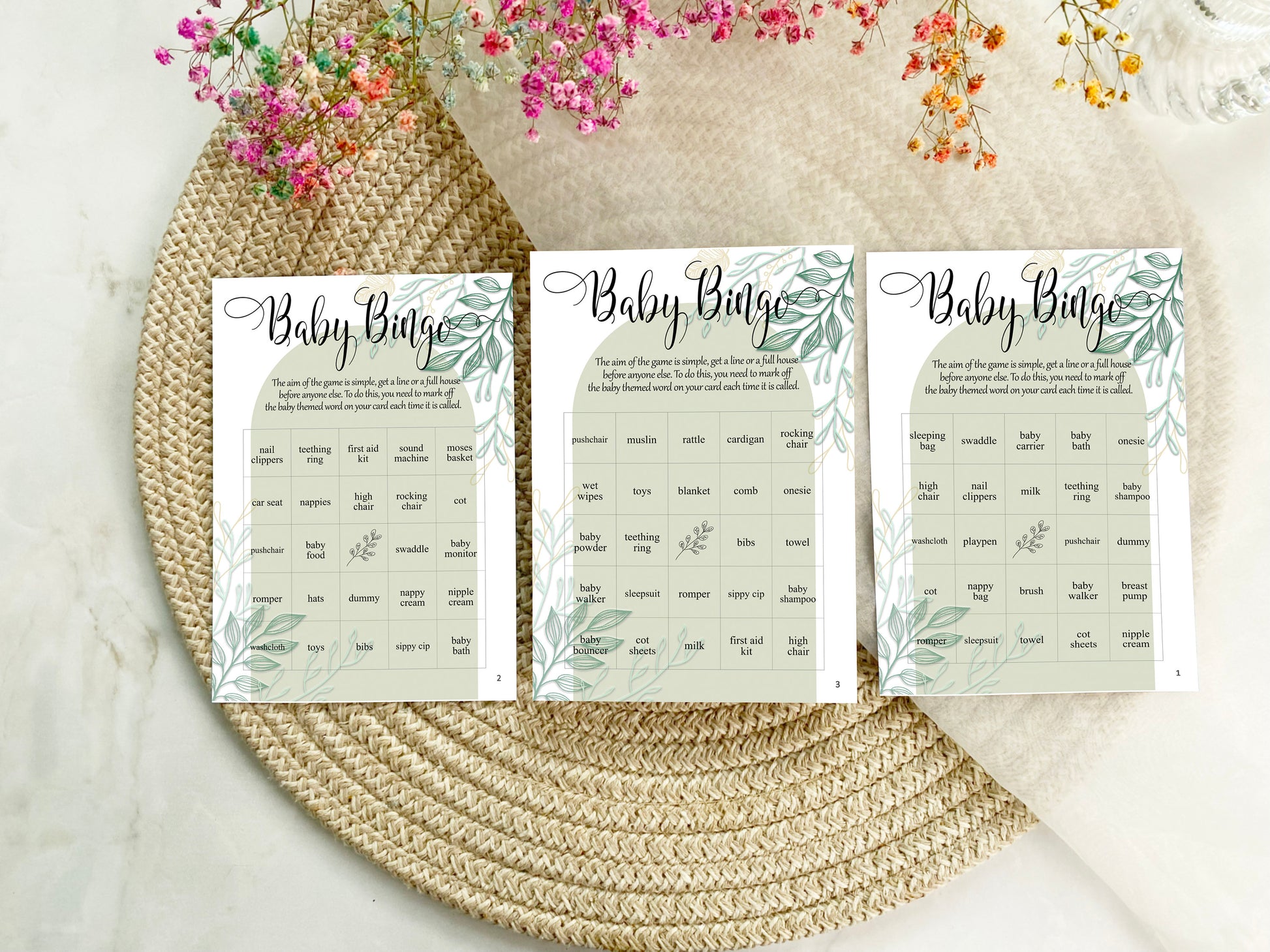 Baby Shower Bingo Game, Sage Green Arch, Boy Baby Shower, Baby Bingo, 50 Cards Printed
