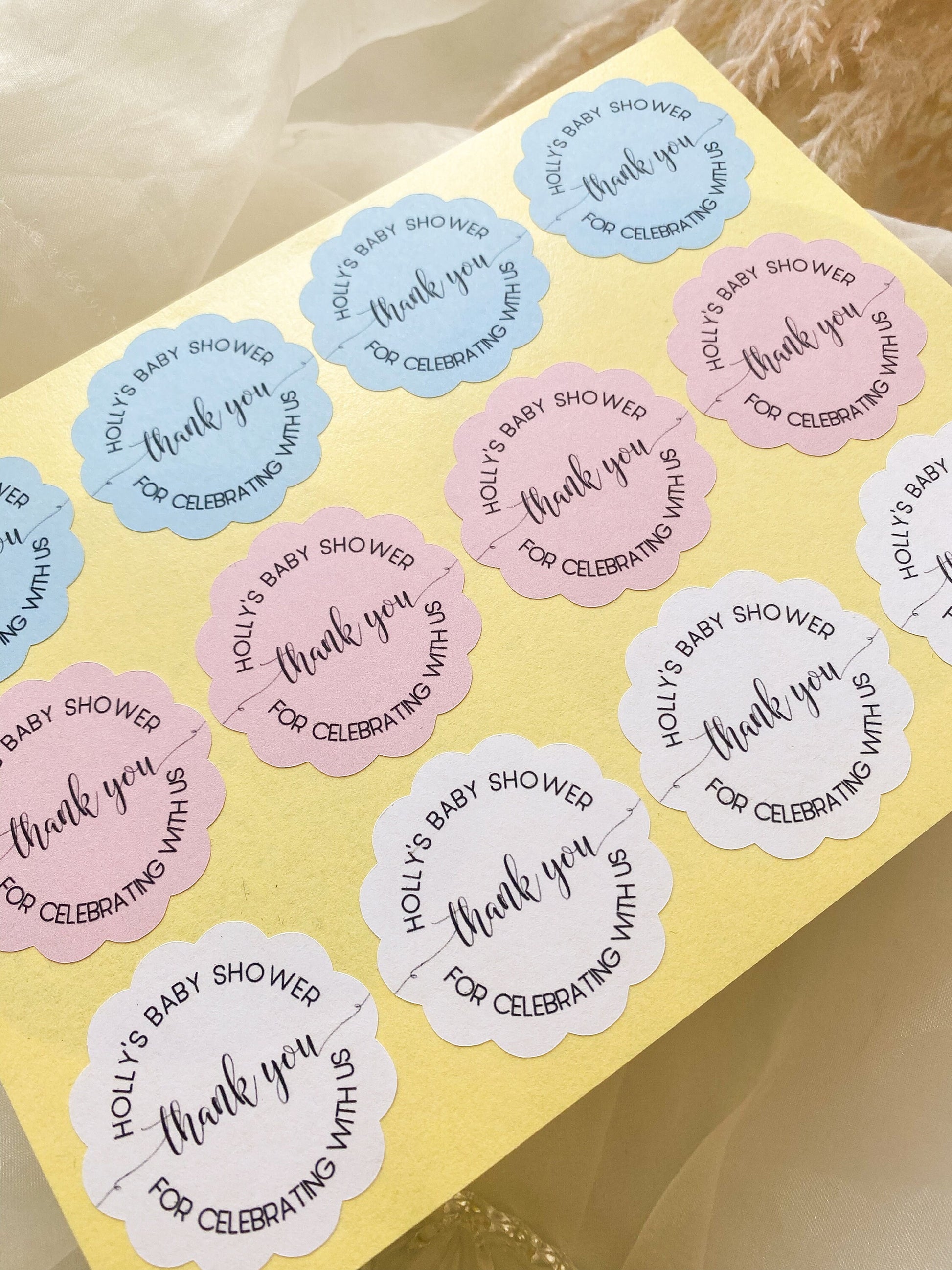 Personalised Scalloped Shape Stickers Blue, Baby Shower Boy Favour Stickers, Floral