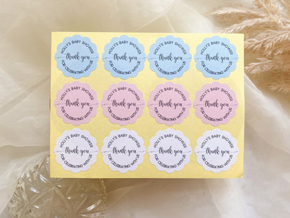Personalised Scalloped Shape Stickers Blue, Baby Shower Boy Favour Stickers, Floral