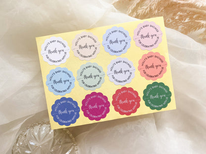 Personalised Scalloped Shape Stickers Blue, Baby Shower Boy Favour Stickers, Floral