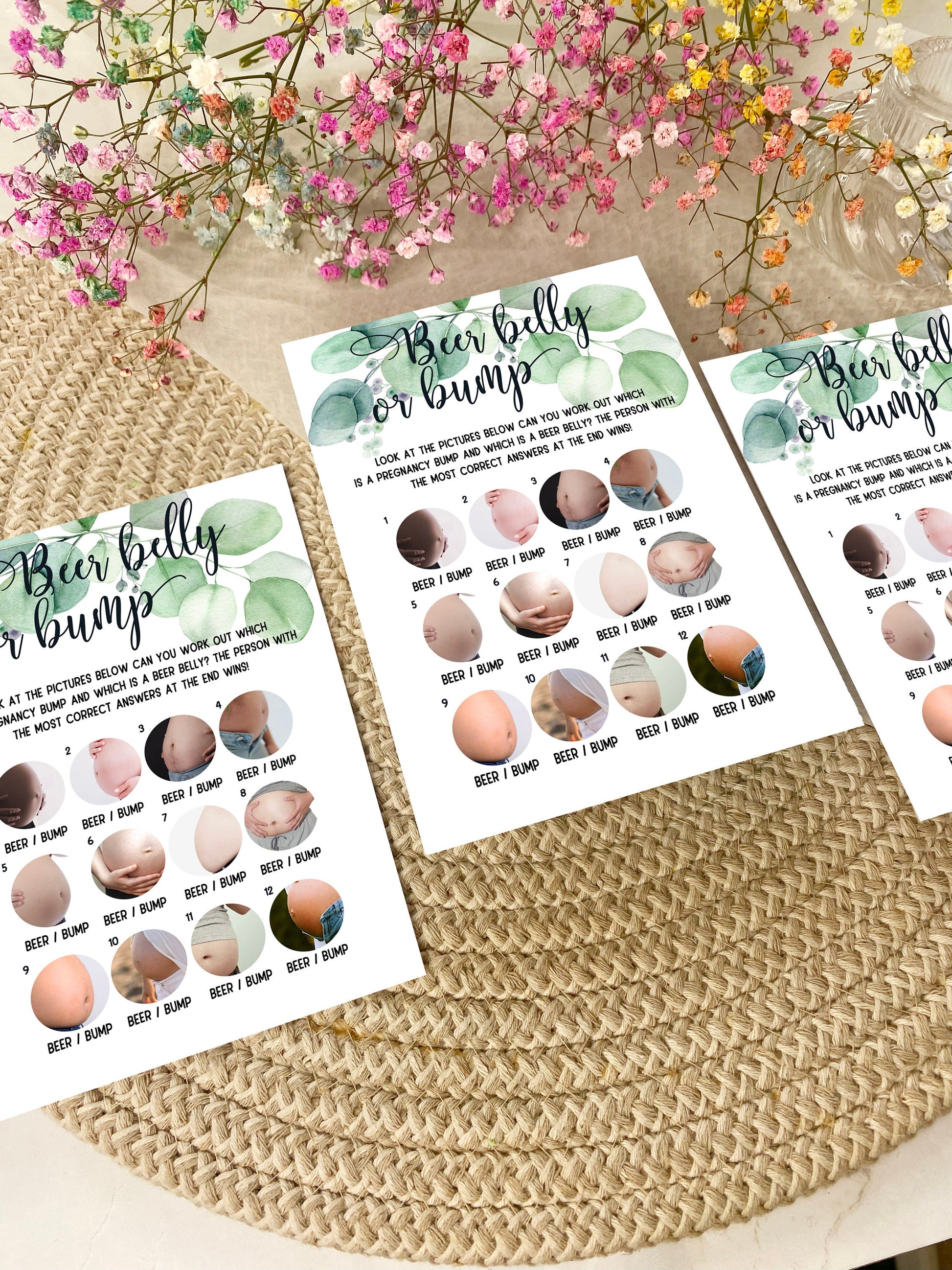 Baby Shower Beer Belly or Bump Game, Gender Neutral Baby Shower, Eucalyptus Greenery, Mum To Be, Gender Reveal Party, Printed A6