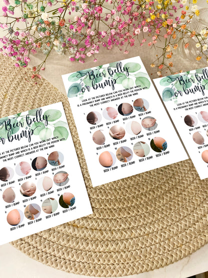 Baby Shower Beer Belly or Bump Game, Gender Neutral Baby Shower, Eucalyptus Greenery, Mum To Be, Gender Reveal Party, Printed A6