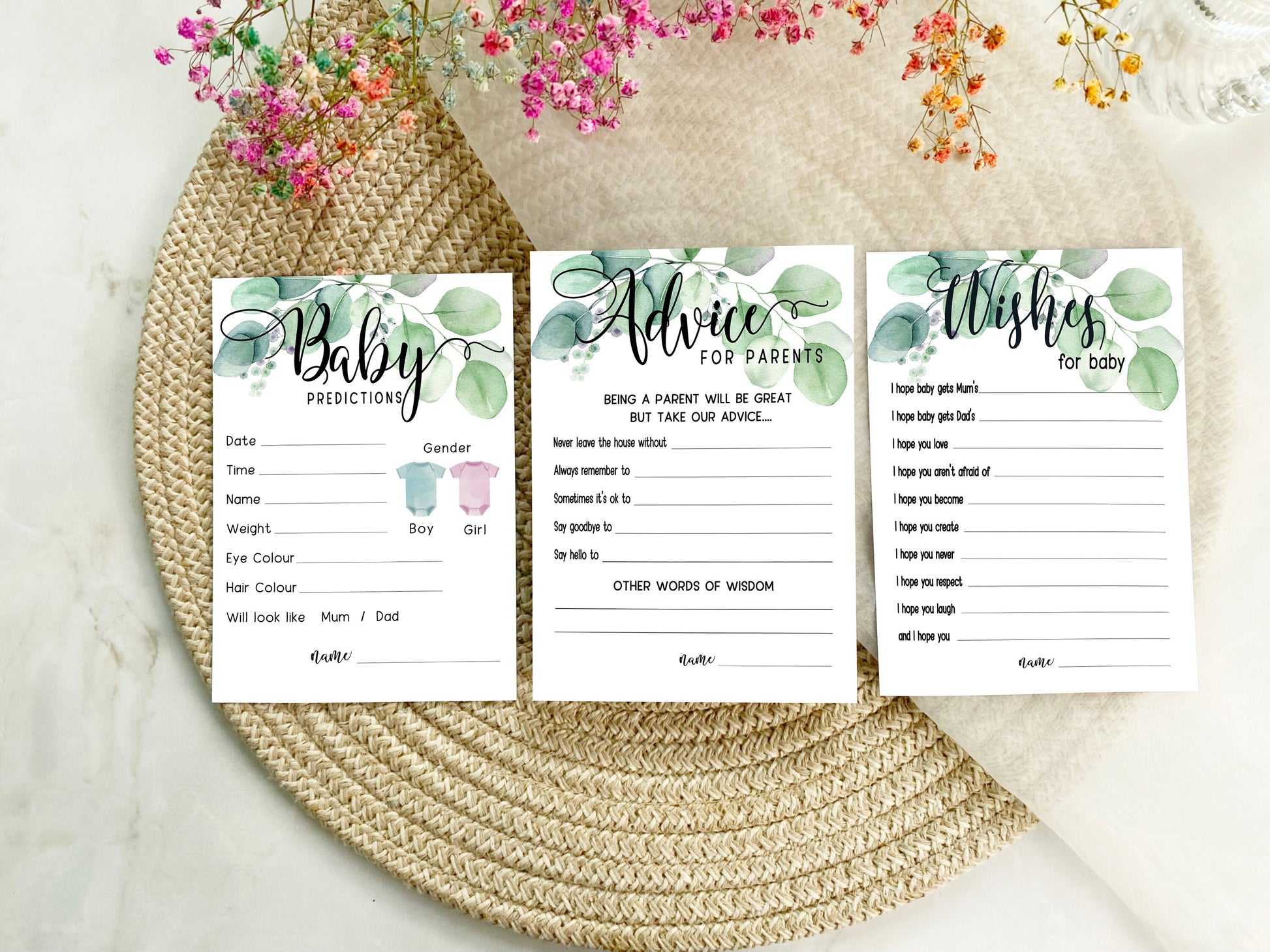 Eucalyptus Greenery Baby Shower Games Bundle, Prediction and Advice Cards Game, Neutral Baby Shower, Mum To Be, Gender Reveal Party