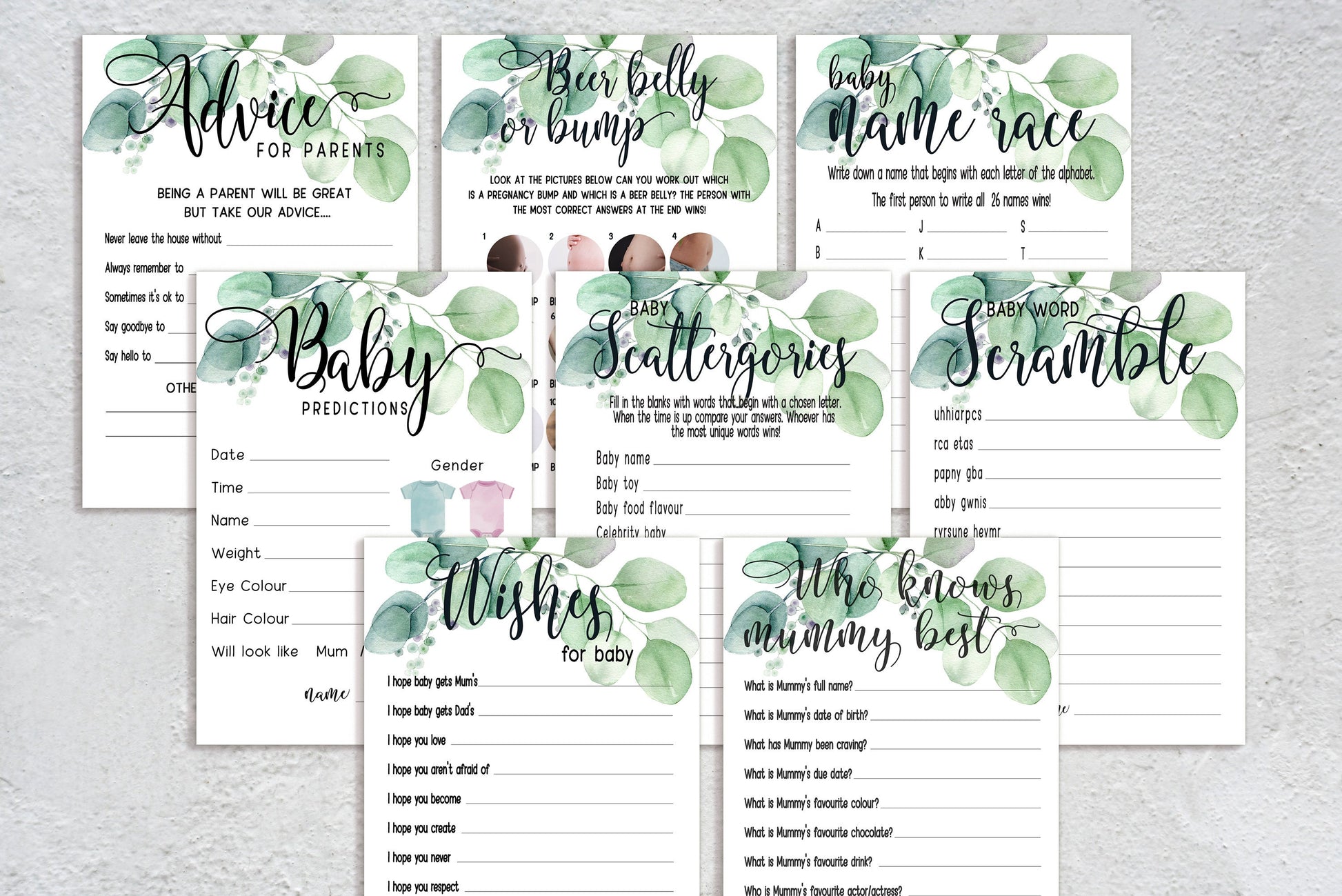 Eucalyptus Greenery Baby Shower Games Bundle, Prediction and Advice Cards Game, Neutral Baby Shower, Mum To Be, Gender Reveal Party