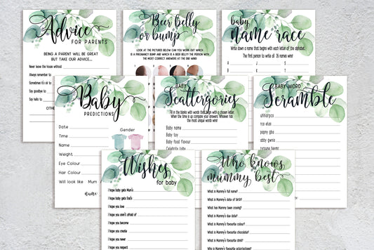 Eucalyptus Greenery Baby Shower Games Bundle, Prediction and Advice Cards Game, Neutral Baby Shower, Mum To Be, Gender Reveal Party