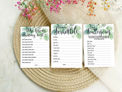 Eucalyptus Greenery Baby Shower Games Bundle, Prediction and Advice Cards Game, Neutral Baby Shower, Mum To Be, Gender Reveal Party