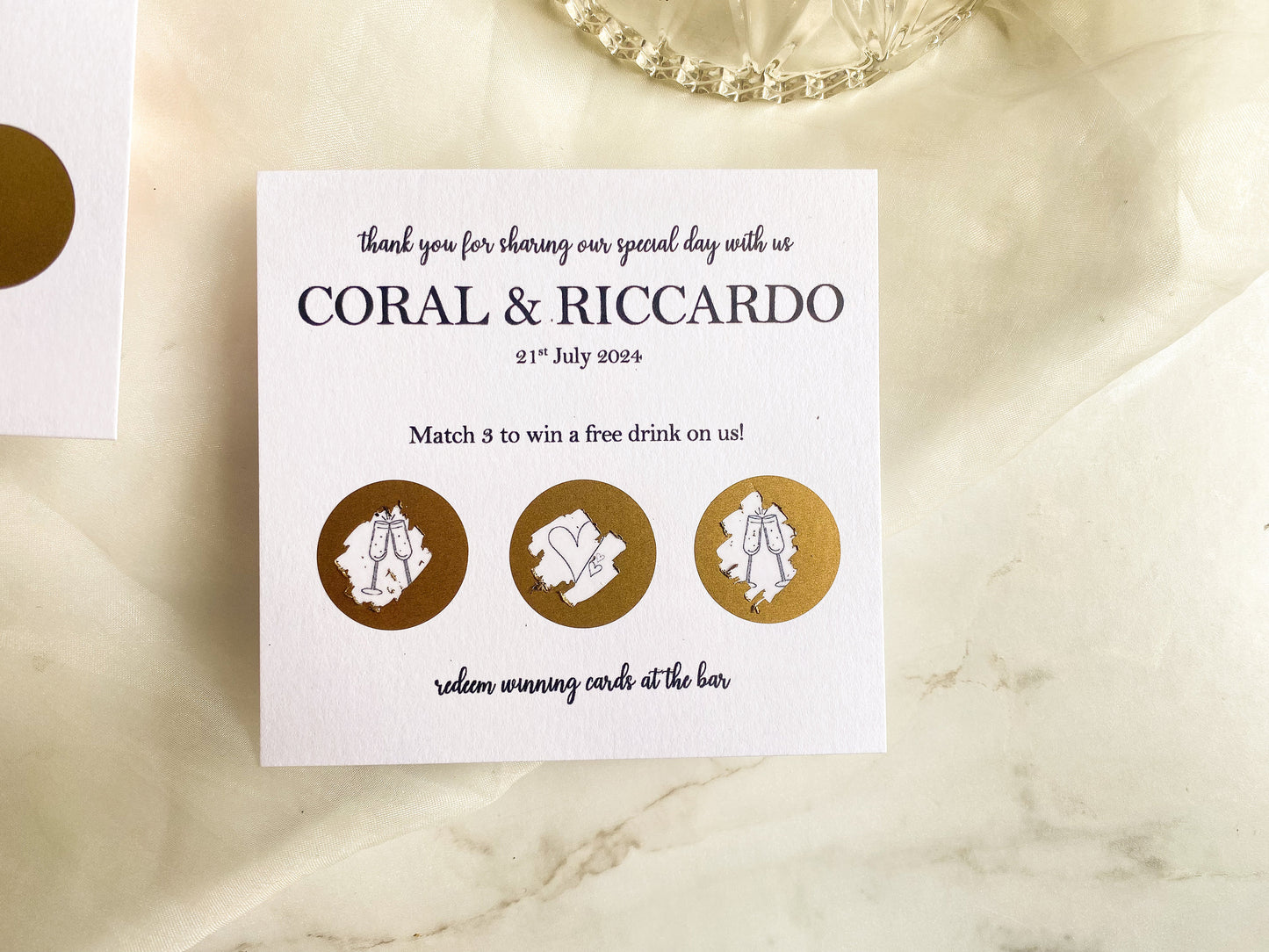 Personalised Wedding Scratch Card, Win a Drink, Wedding Favour, Match 3, Greenery