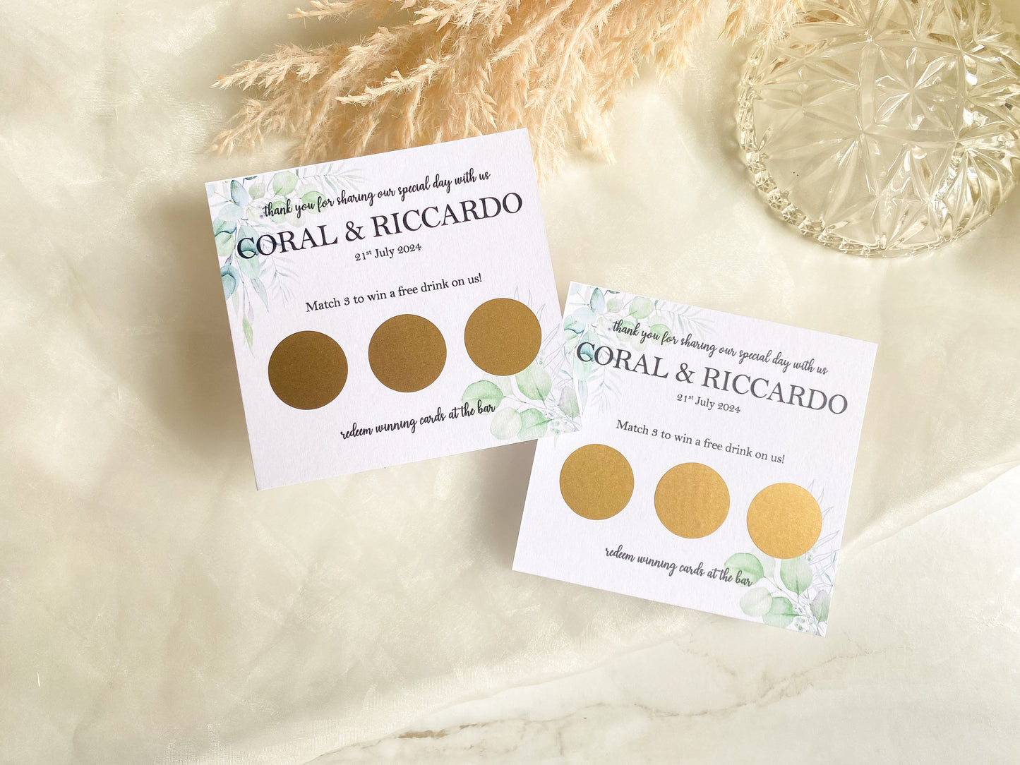 Personalised Wedding Scratch Card, Win a Drink, Wedding Favour, Match 3, Greenery