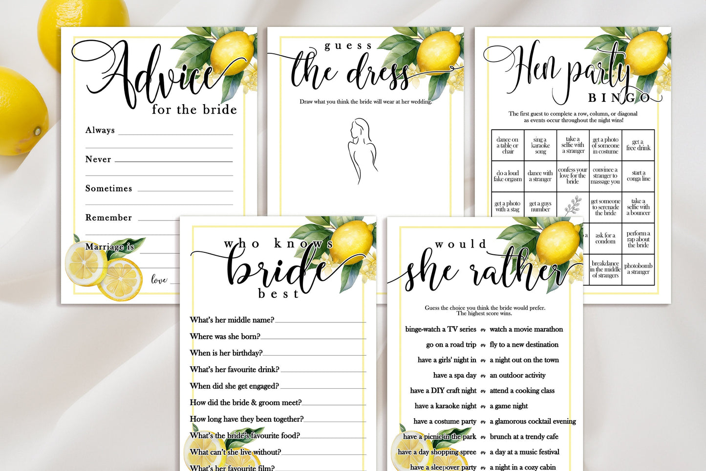 Hen Party Bingo, Hen do Games, Lemon Theme, She found her main squeeze, Bride to be, Bridal Bingo