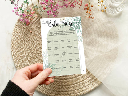 Baby Shower Bingo Game, Sage Green Arch, Boy Baby Shower, Baby Bingo, 50 Cards Printed