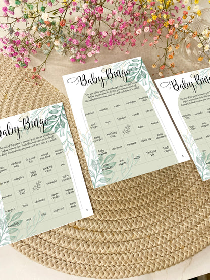 Baby Shower Bingo Game, Sage Green Arch, Boy Baby Shower, Baby Bingo, 50 Cards Printed