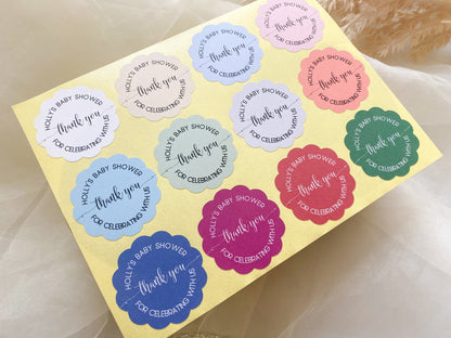 Personalised Scalloped Shape Stickers Blue, Baby Shower Boy Favour Stickers, Floral