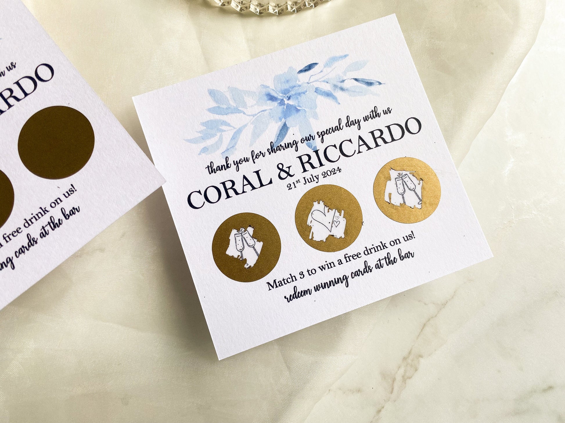 Personalised Wedding Scratch Card, Win a Drink, Wedding Favour, Match 3, Greenery