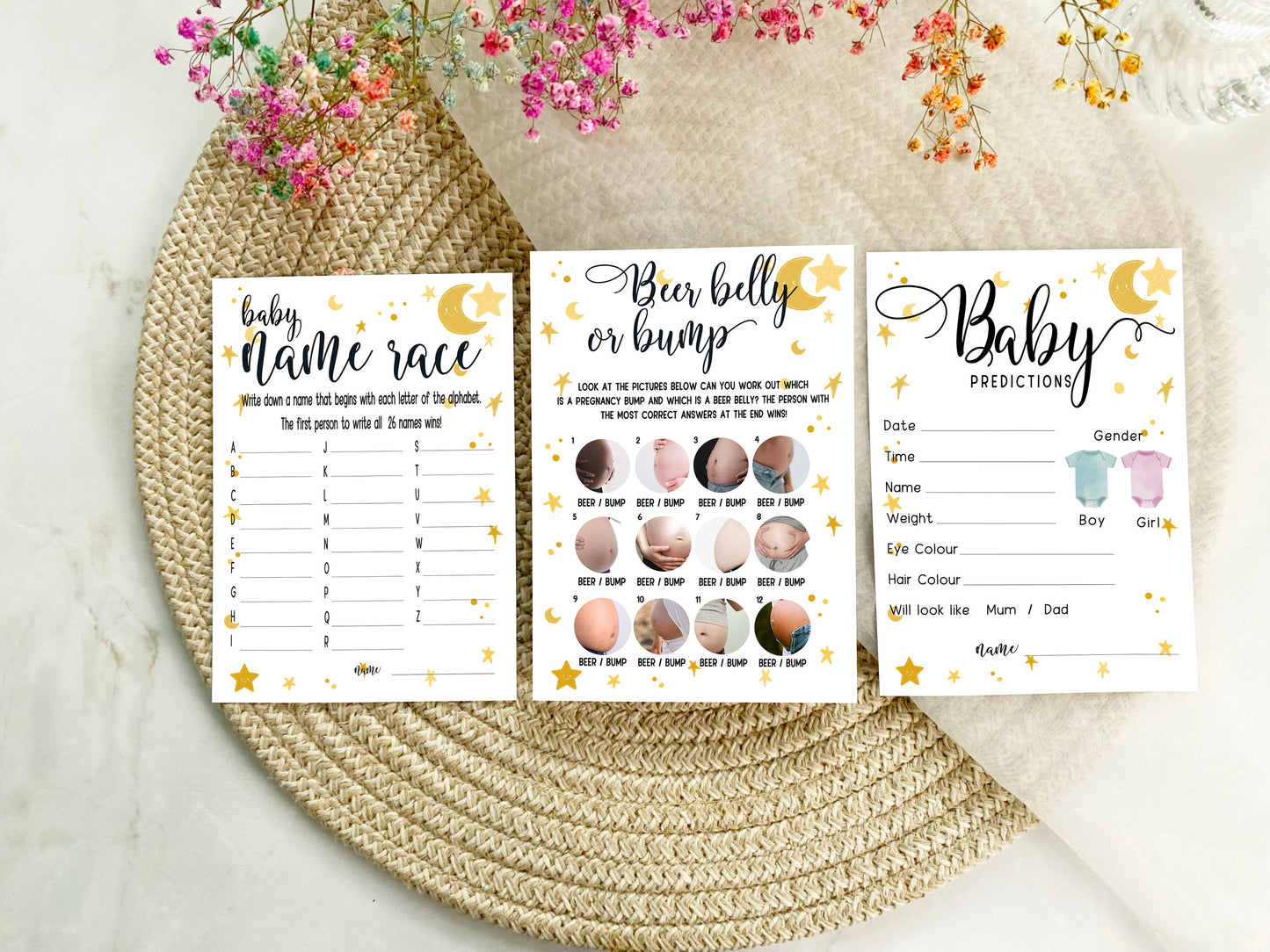 Moon and Stars Baby Shower Bundle, Prediction and Advice Cards Game, Gender Neutral Baby Shower, Mum To Be, Printed A6