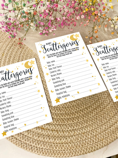 Moon and Stars Baby Shower Bundle, Prediction and Advice Cards Game, Gender Neutral Baby Shower, Mum To Be, Printed A6