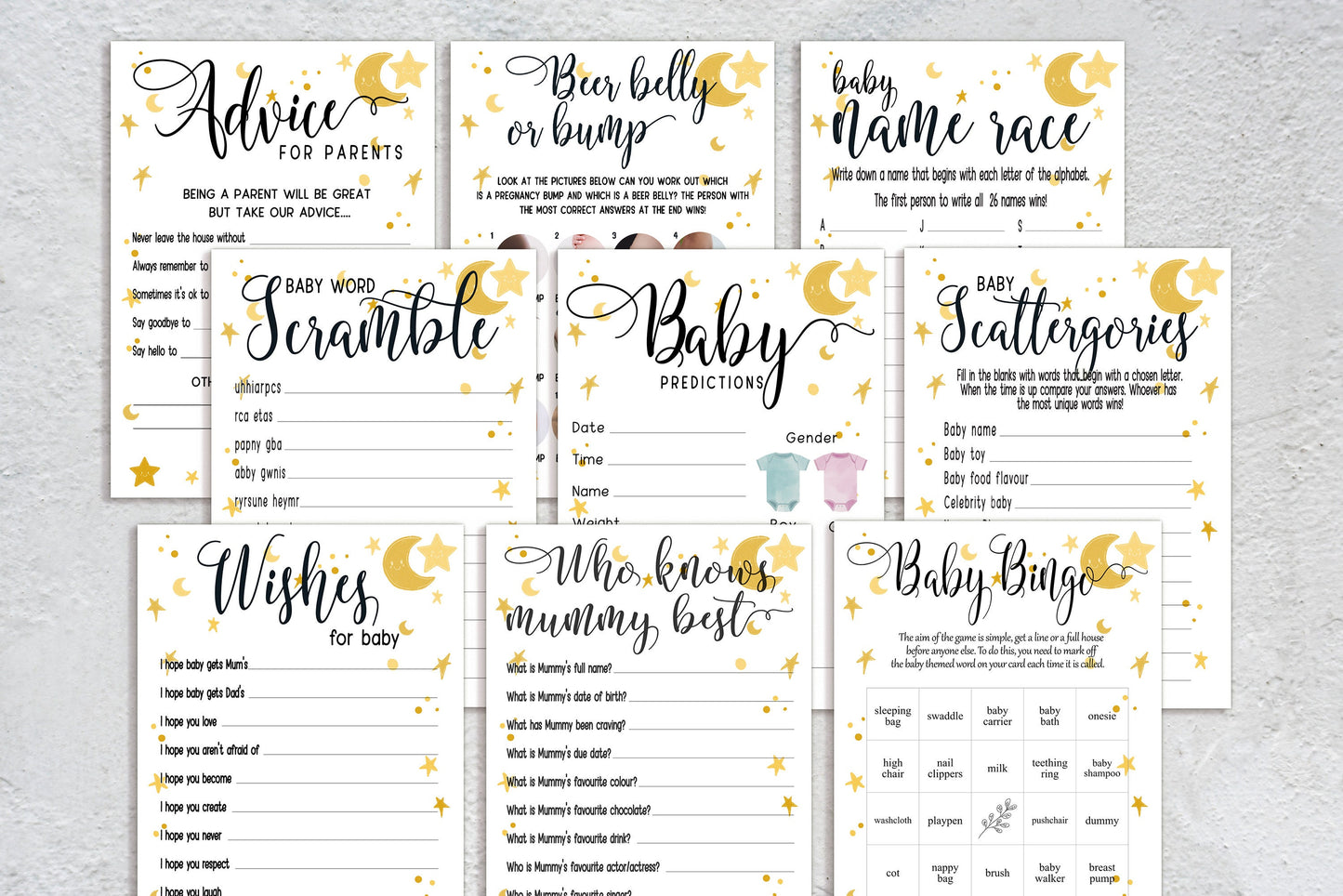 Moon and Stars Baby Shower Bingo Game