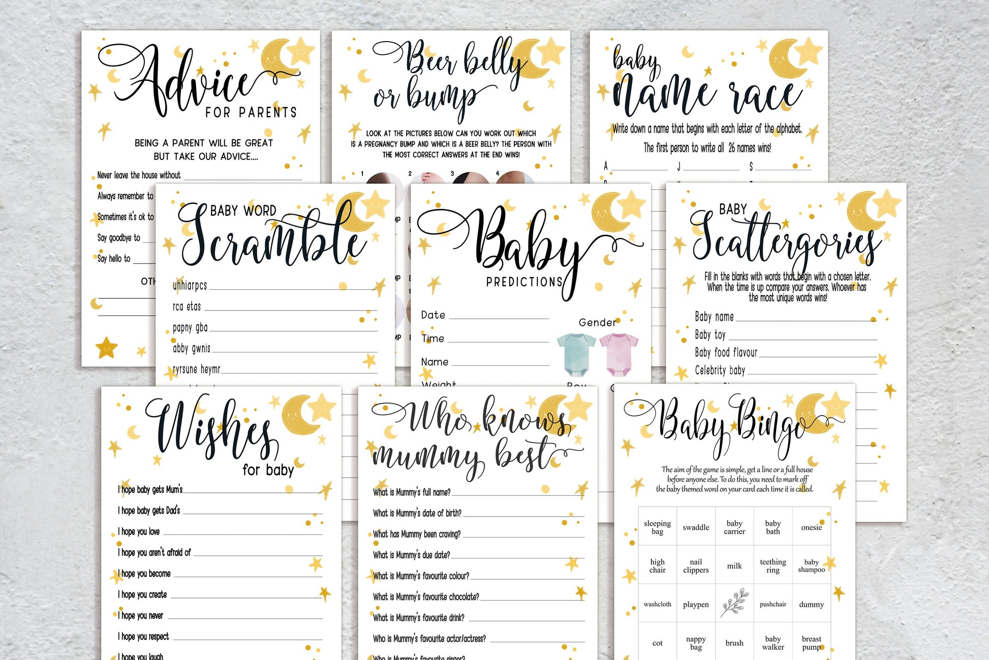 Moon and Stars Baby Shower Bingo Game