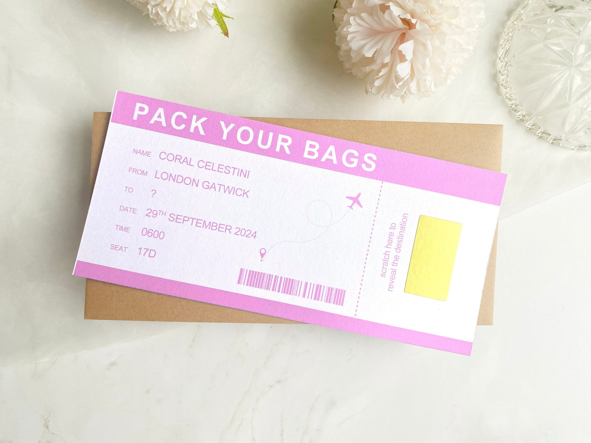 Holiday Reveal Personalised, Birthday Voucher, Personalised Gift, Present Reveal For Her, Pink