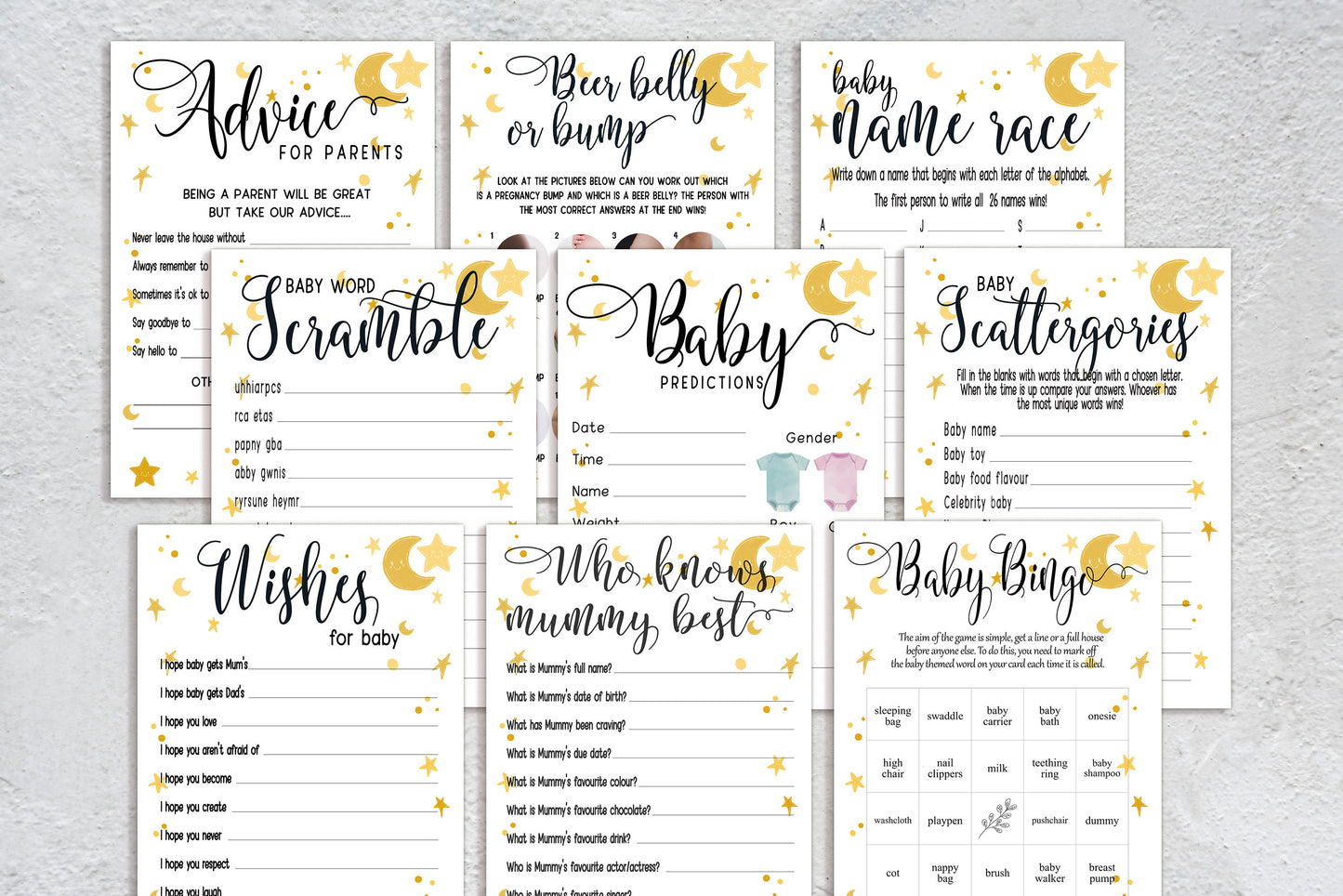Moon and Stars Baby Shower Bundle, Prediction and Advice Cards Game, Gender Neutral Baby Shower, Mum To Be, Printed A6