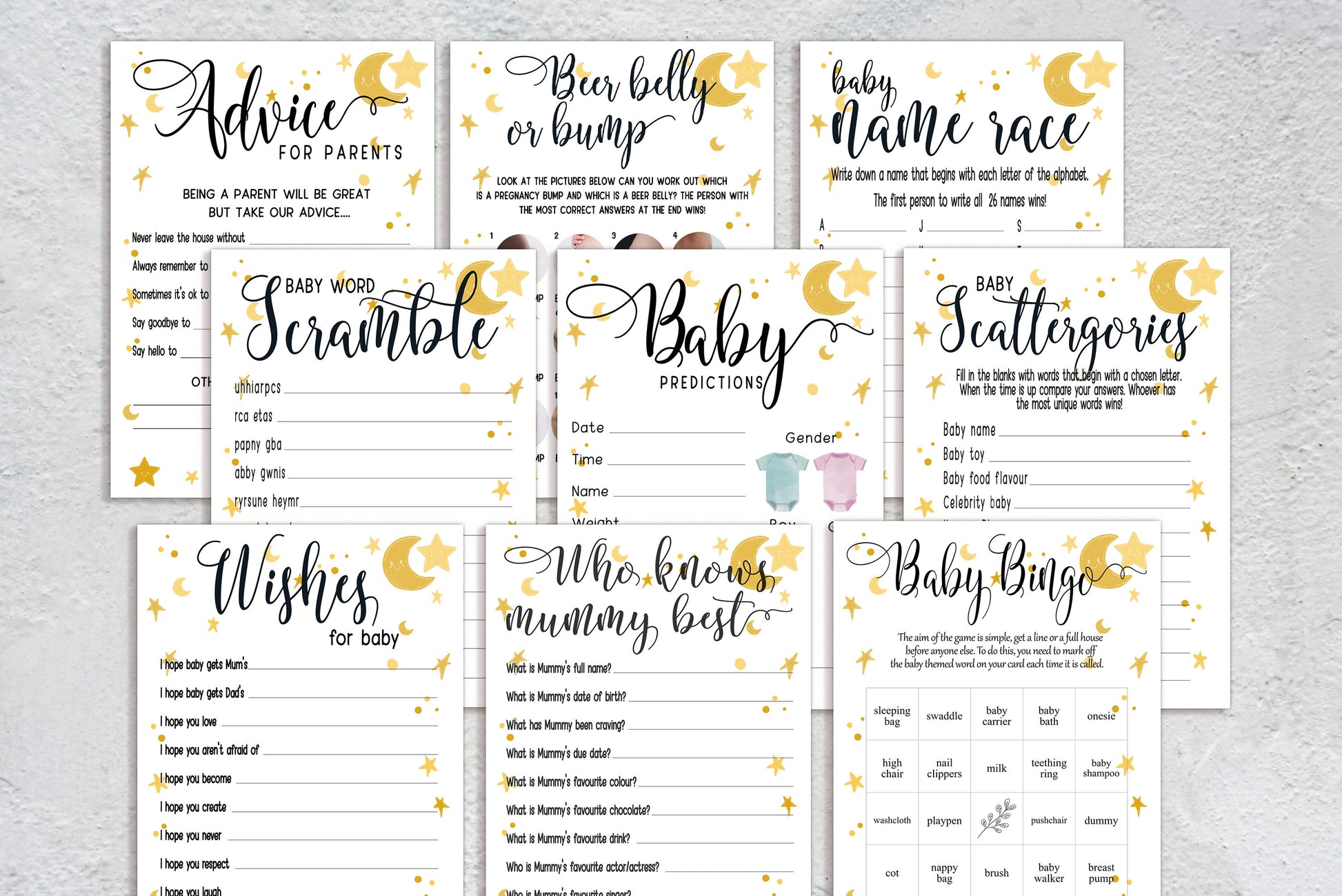 Moon and Stars Baby Shower Bundle, Prediction and Advice Cards Game, Gender Neutral Baby Shower, Mum To Be, Printed A6