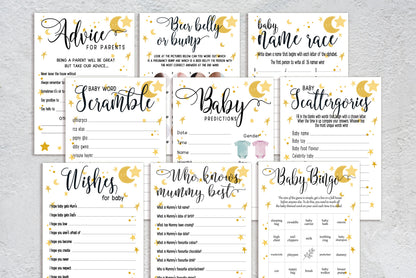Moon and Stars Baby Shower Bundle, Prediction and Advice Cards Game, Gender Neutral Baby Shower, Mum To Be, Printed A6