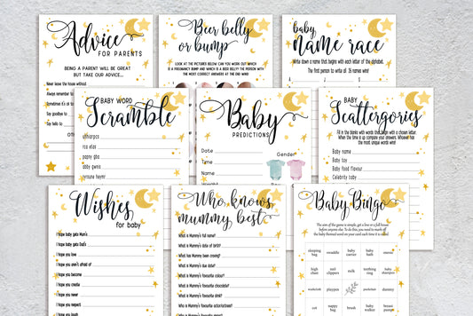Moon and Stars Baby Shower Bundle, Prediction and Advice Cards Game, Gender Neutral Baby Shower, Mum To Be, Printed A6