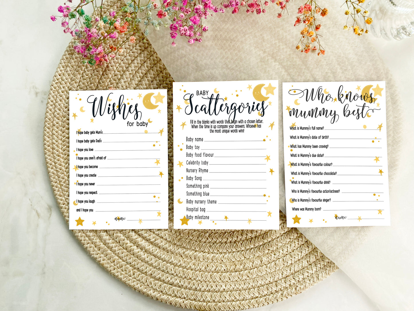 Moon and Stars Baby Shower Bundle, Prediction and Advice Cards Game, Gender Neutral Baby Shower, Mum To Be, Printed A6