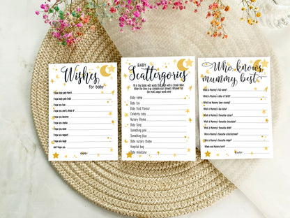 Moon and Stars Baby Shower Bundle, Prediction and Advice Cards Game, Gender Neutral Baby Shower, Mum To Be, Printed A6