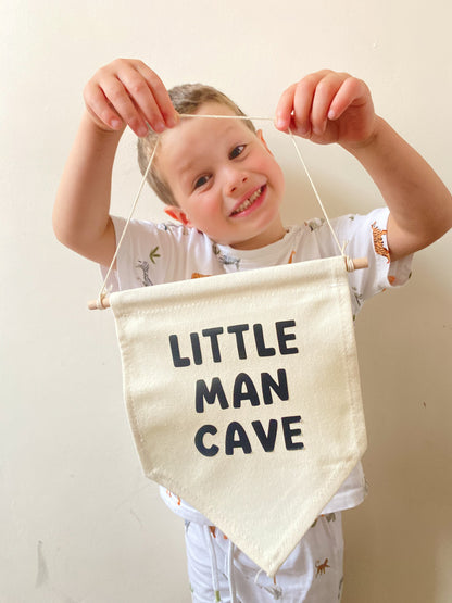 Little Man Cave Pennant Sign, Bedroom Wall Hanging, Playroom Canvas Banner, Gift for Him, Boy's Room