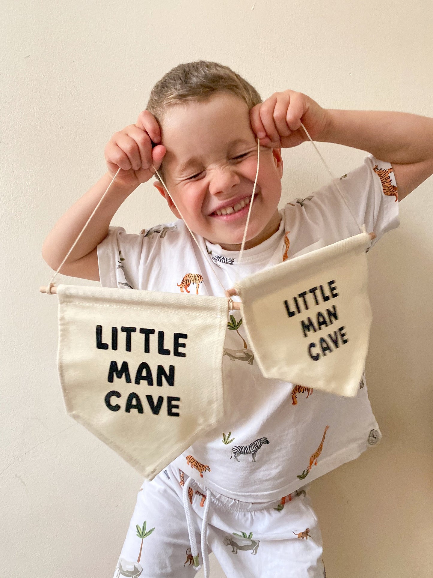 Little Man Cave Pennant Sign, Bedroom Wall Hanging, Playroom Canvas Banner, Gift for Him, Boy's Room