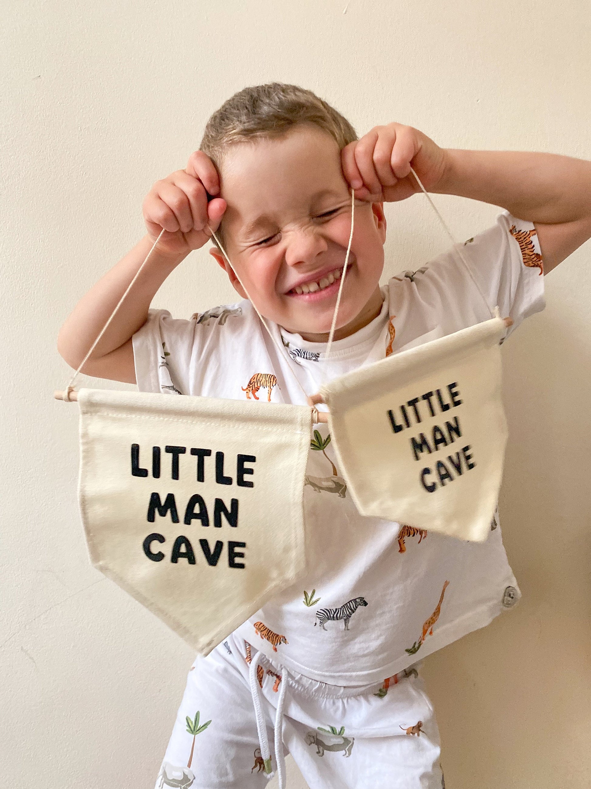 Little Man Cave Pennant Sign, Bedroom Wall Hanging, Playroom Canvas Banner, Gift for Him, Boy's Room
