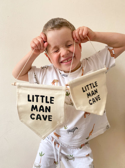 Little Man Cave Pennant Sign, Bedroom Wall Hanging, Playroom Canvas Banner, Gift for Him, Boy's Room