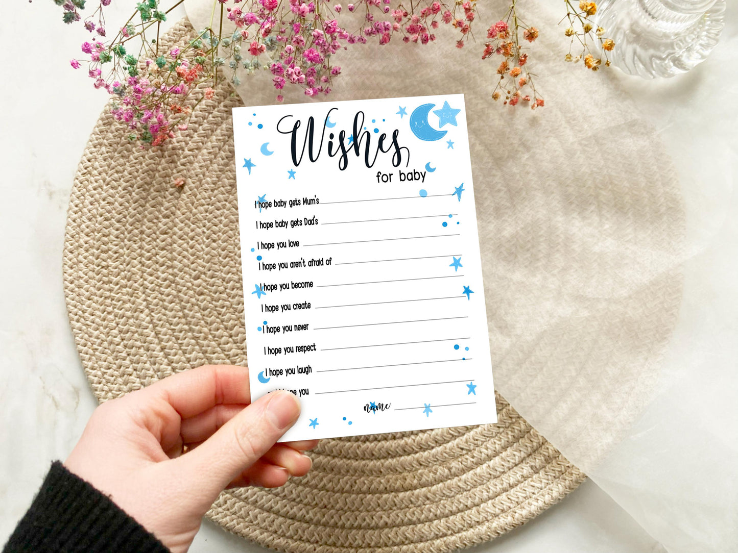 Moon and Stars Baby Shower Bundle, Prediction and Advice Cards Game, Blue, Boy Baby Shower, Mum To Be, Printed A6
