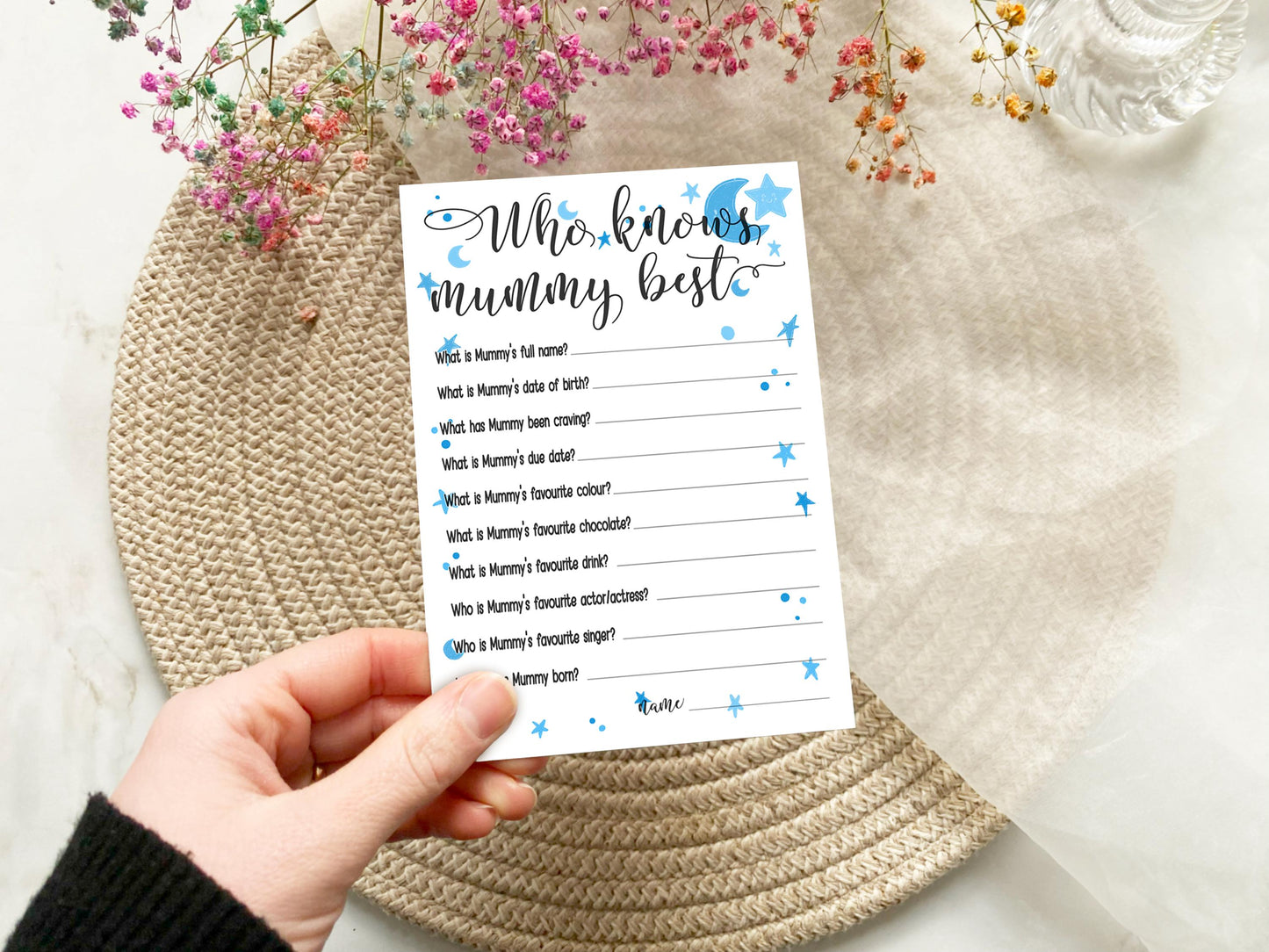 Moon and Stars Baby Shower Bundle, Prediction and Advice Cards Game, Blue, Boy Baby Shower, Mum To Be, Printed A6