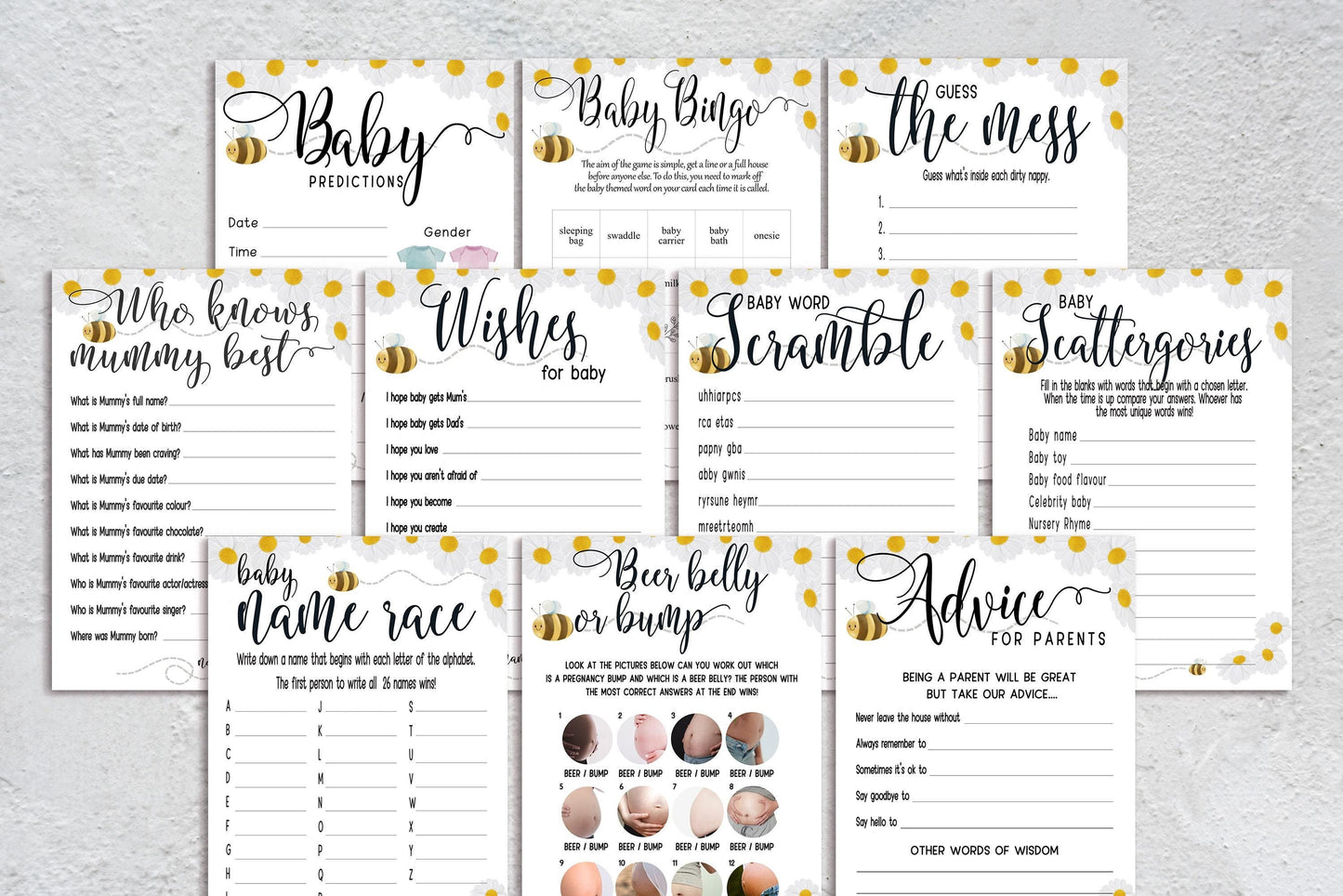 Mama to Bee Baby Shower Game Bundle: A6 Prediction Cards