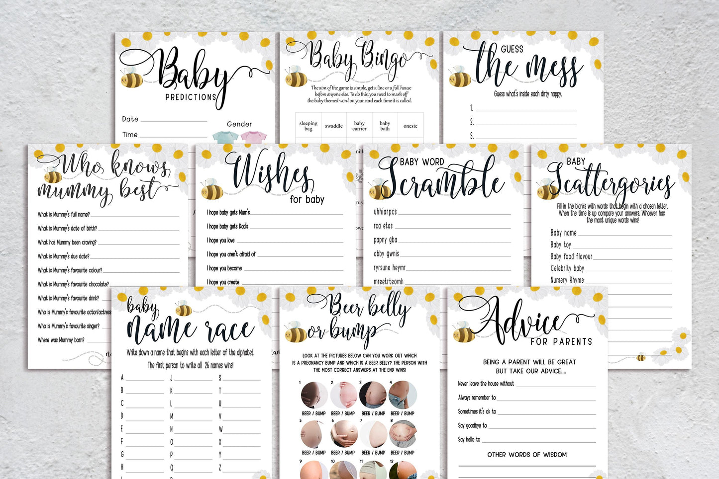 Mama to Bee Baby Shower Game Bundle: Prediction & Advice Cards