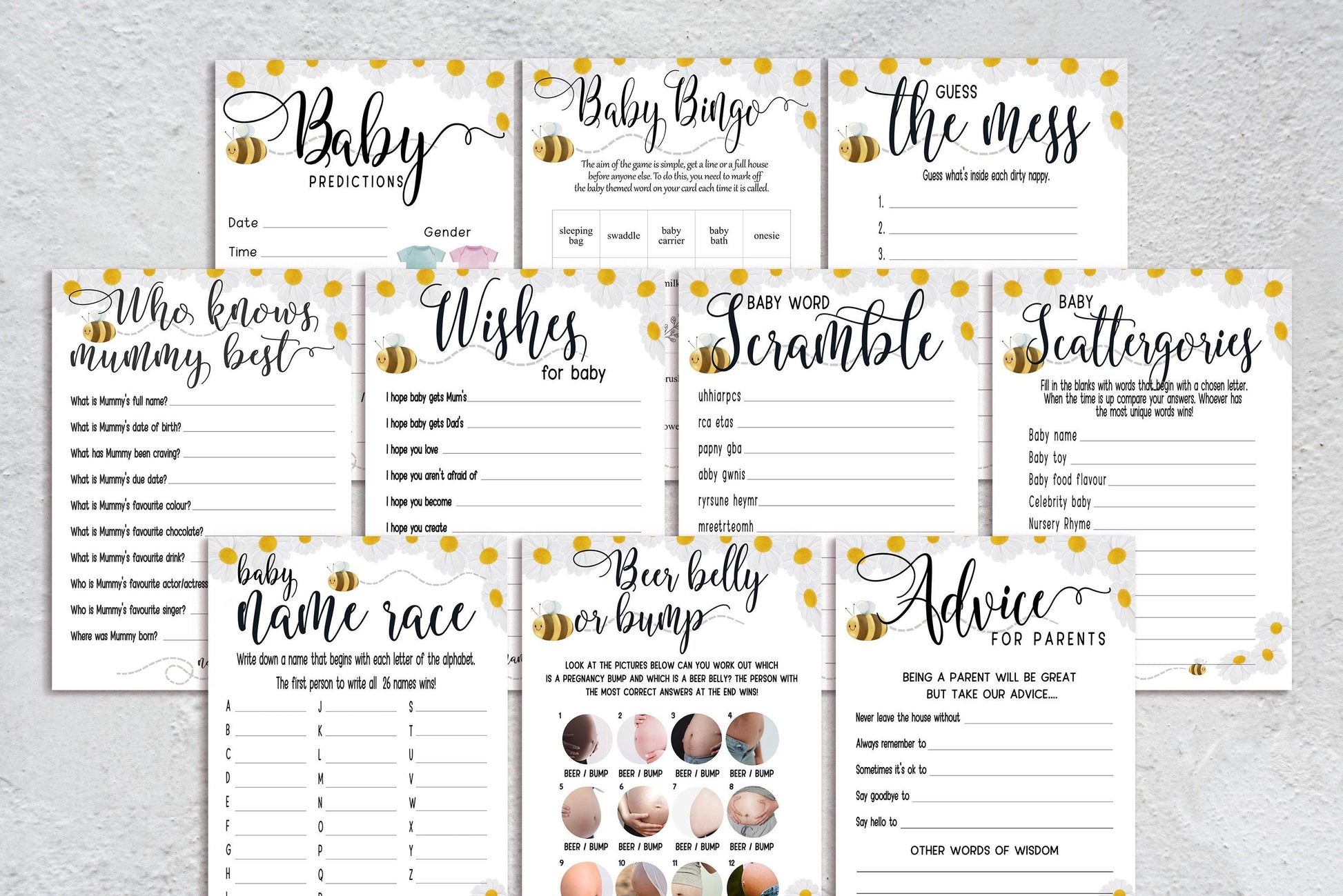 Mama to Bee Baby Shower Game Bundle: Prediction & Advice Cards