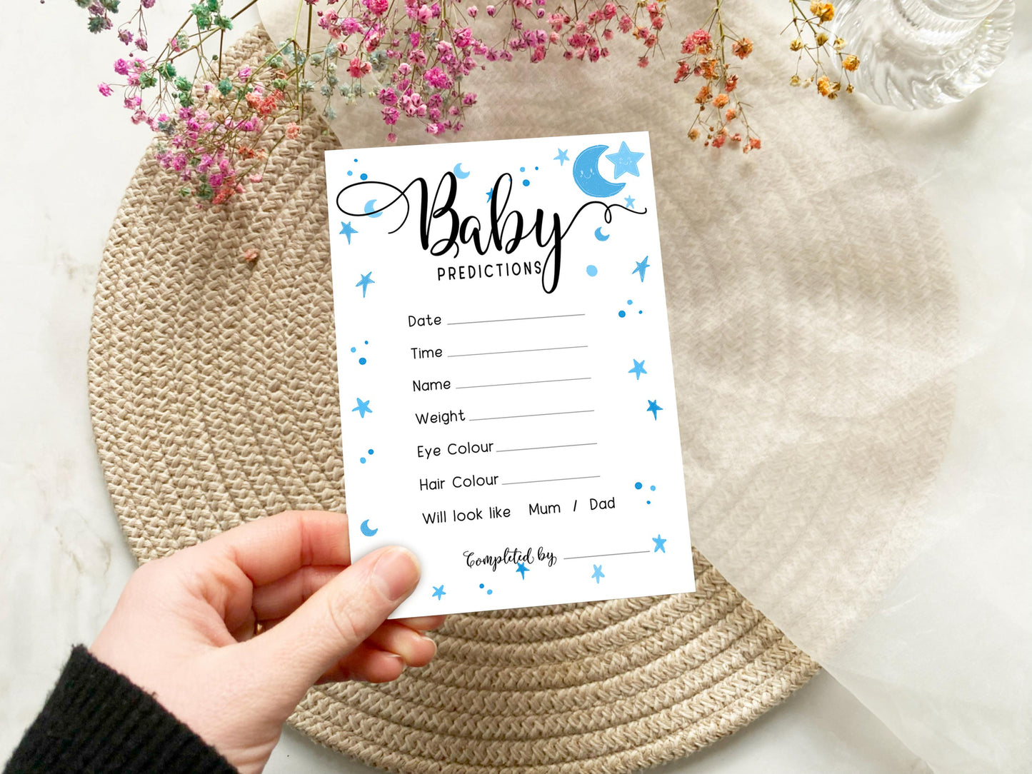 Moon and Stars Baby Shower Bundle, Prediction and Advice Cards Game, Blue, Boy Baby Shower, Mum To Be, Printed A6