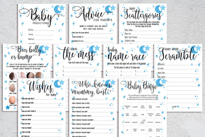 Moon and Stars Baby Shower Bundle, Prediction and Advice Cards Game, Blue, Boy Baby Shower, Mum To Be, Printed A6