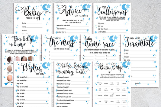 Moon and Stars Baby Shower Bundle, Prediction and Advice Cards Game, Blue, Boy Baby Shower, Mum To Be, Printed A6