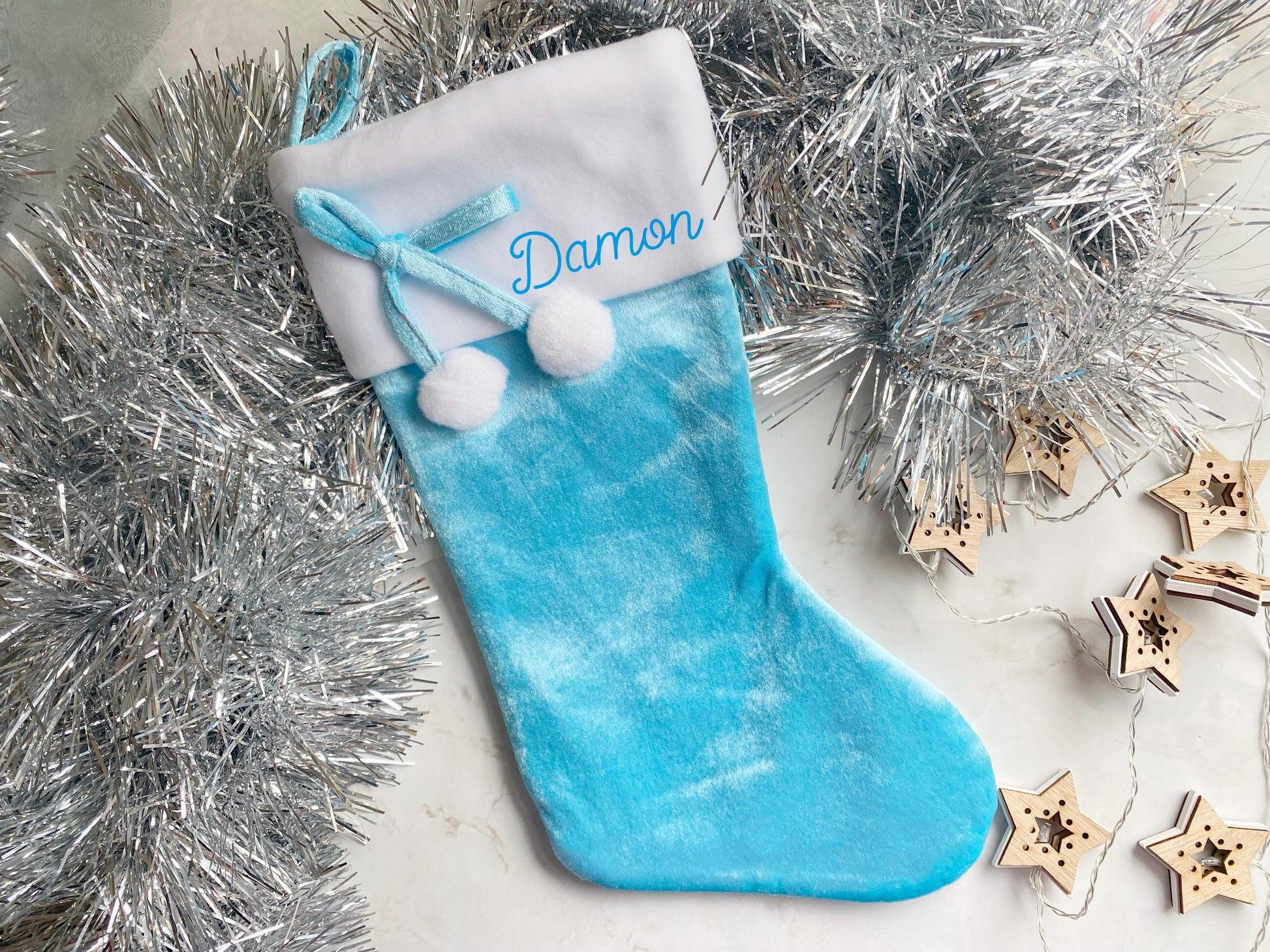 Personalised Deluxe Blue Pom Pom Christmas Stocking, Santa, Kids Stocking