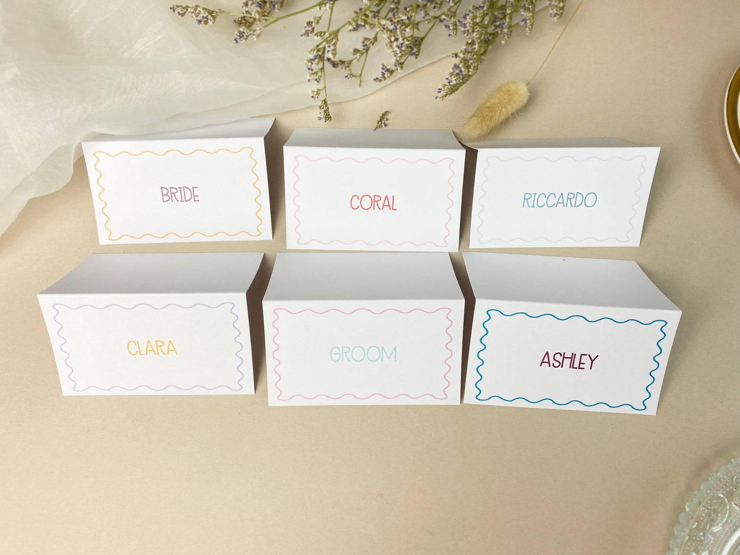 Wavy Folded Wedding Place Cards, Name Cards, Table Place Cards, Place Settings, Custom Colours