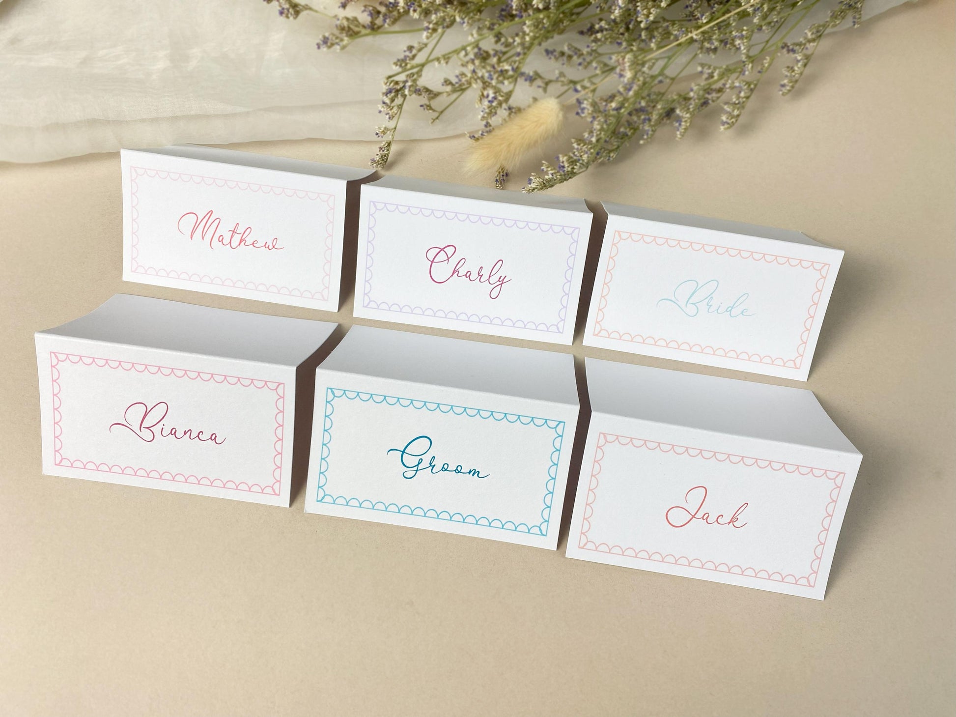 Whimsical Folded Wedding Place Cards, Name Cards, Table Place Cards, Place Settings, Custom Colours