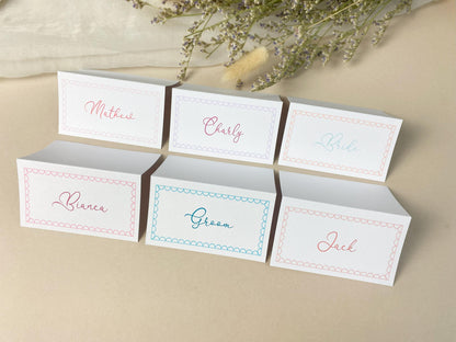 Whimsical Folded Wedding Place Cards, Name Cards, Table Place Cards, Place Settings, Custom Colours