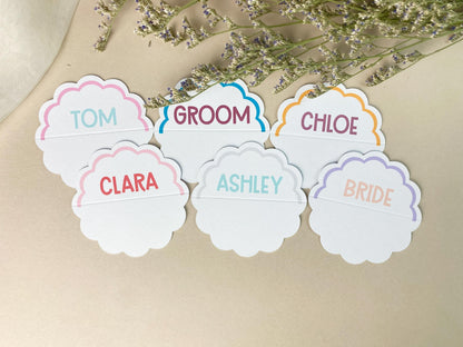 Custom Scalloped Circle Wedding Place Cards, Wavy Wedding Name Cards, Table Place Cards, Place Settings Reception, Custom Colours
